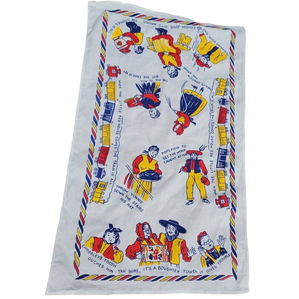 PENNSYLVANIA DUTCH Graphic Kitchen Towel Cotton Boughten Towel Train Kitschy 50s